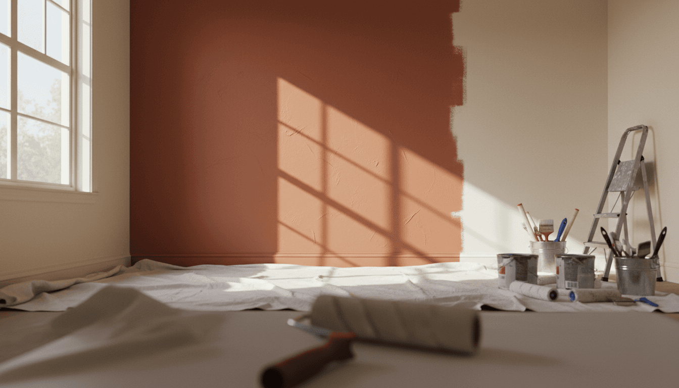 Interior room with freshly painted wall showing professional painting work in progress