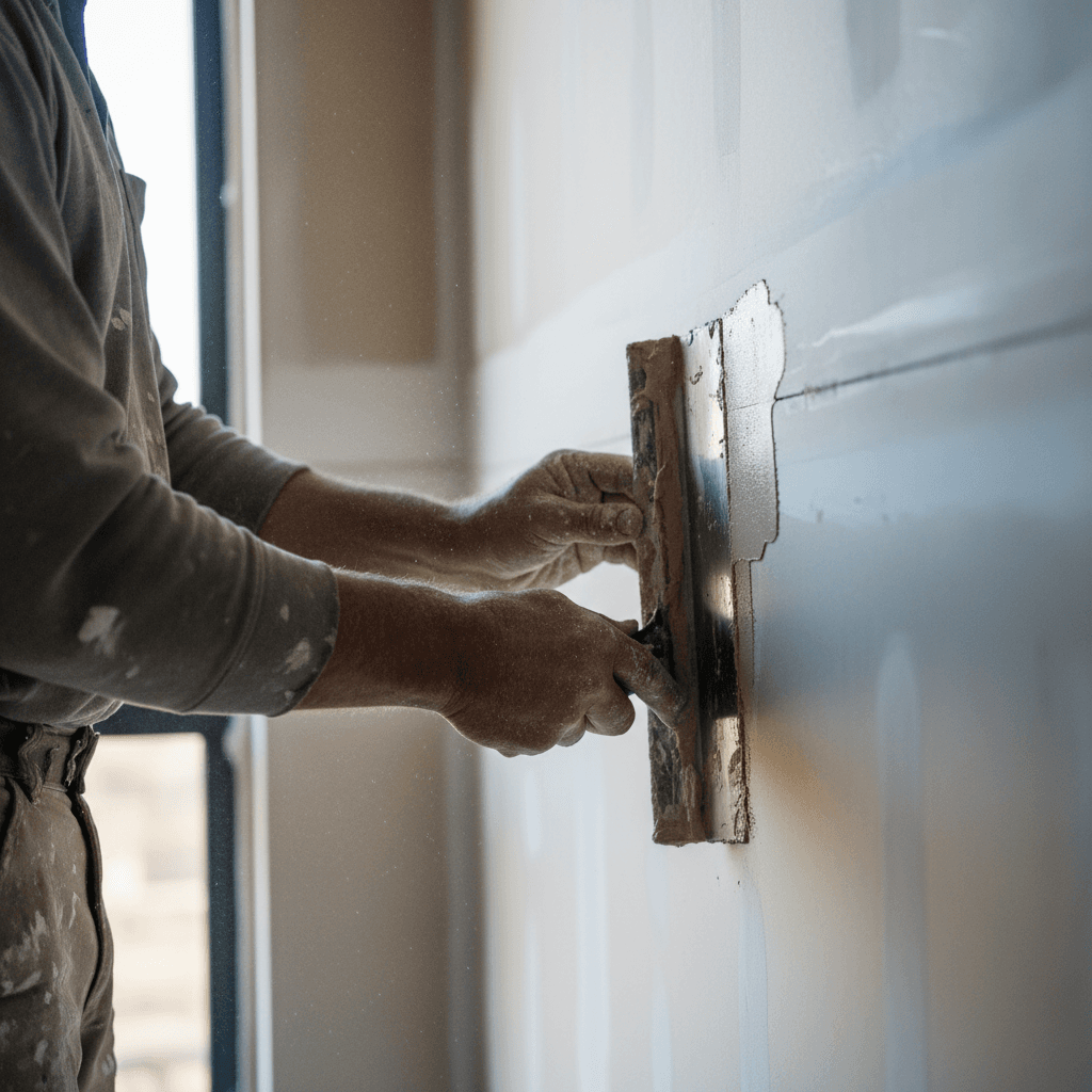 Detailed close-up of professional wall surface preparation and sanding technique