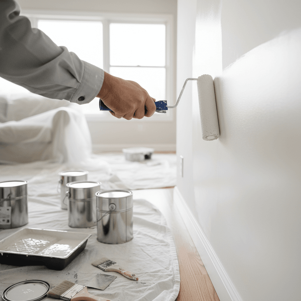 Professional painter applying interior wall paint with roller