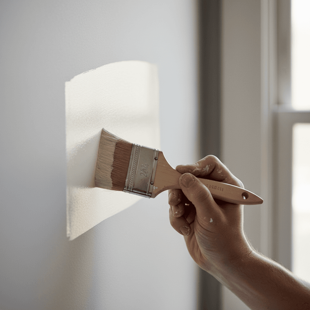 Painter applying interior paint with precision brush technique