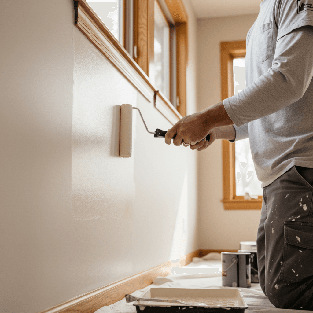 Interior painter applying wall paint with precision roller technique