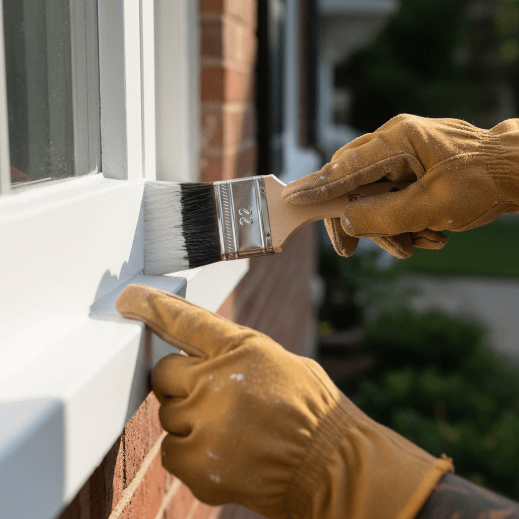 Professional exterior painter applying trim paint on residential home siding