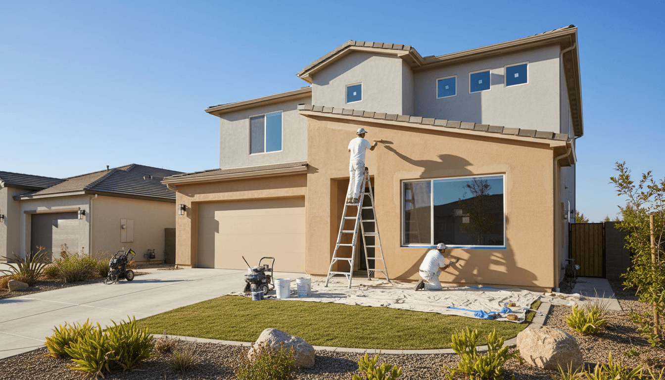 Professional exterior house painting in progress on residential home