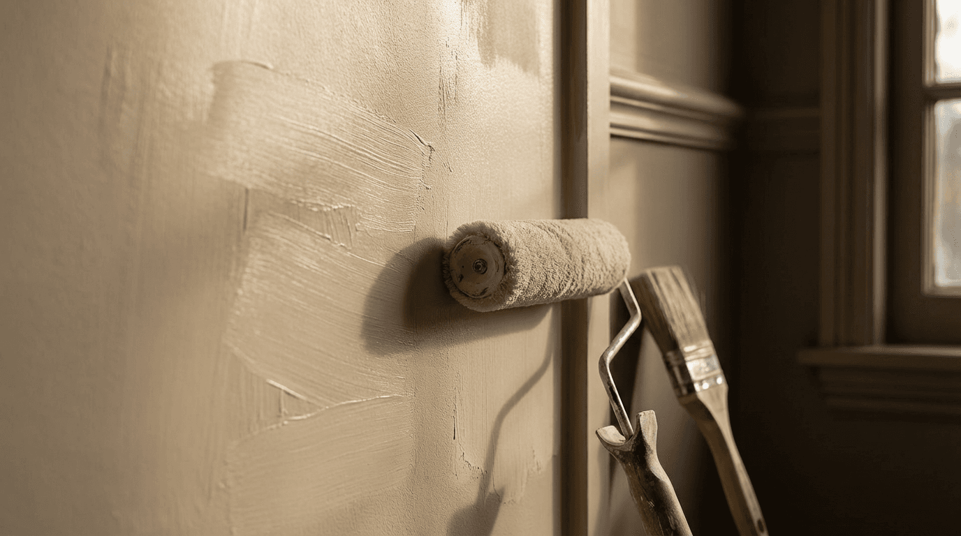 Painter applying final touches with brush on freshly painted interior wall in warm morning light